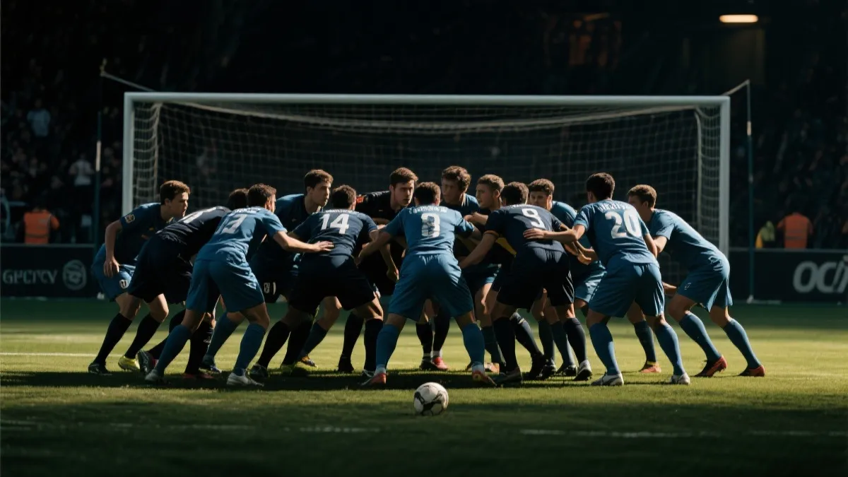 夜色球场里，防守方在禁区前形成紧凑阵型的画面