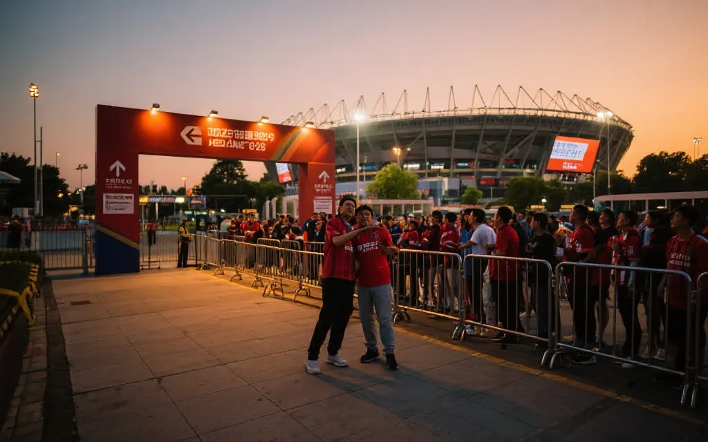 球场外圈步行区与安检入口前的比赛日氛围
